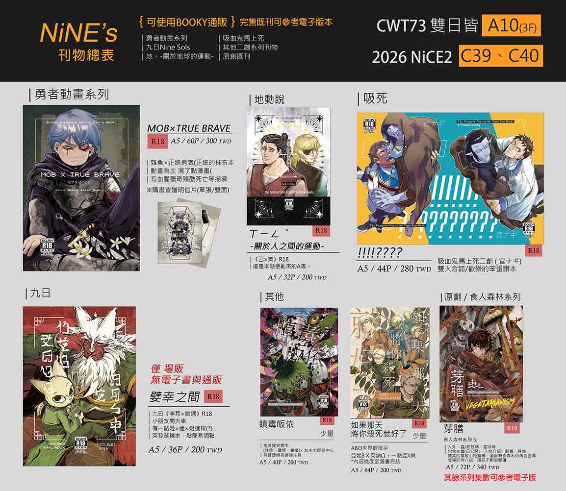 ninevsnine's tweet photo. 【NiNE's｜CWT73 &amp; NiCE2 工商】品書き
【CWT73 &amp; NiCE2 工商】品書き
｜攤位名稱：NiNEs

｜CWT73(台北場)：8/8,9
｜攤位號碼：雙日皆A10(3F)

｜2026NiCE2(南港)：8/15
｜攤位號碼：C39、C40

【更多商品資訊.試閱.實際照片】
https://t.co/sKCnHUfKtd

#MOOMIN #Snufkin #ムーミン https://t.co/zkhECl2G9s