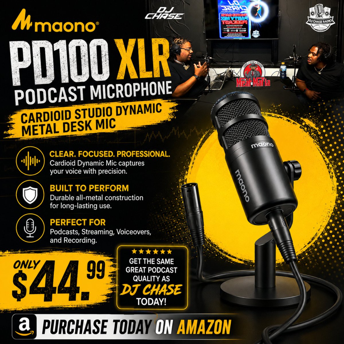 djchase's tweet photo. The MAONO PD100 XLR Podcast Microphone, Cardioid Studio Dynamic Metal Desk Mic 
$44.99
Upgrade your audio game with this sleek and versatile microphone. Get The Same Great Podcast Quality as DJ Chase - Today!

https://t.co/YMxLa9Ikjo

#djchase #djchaseradio #amazon https://t.co/nMOmdEpUoB
