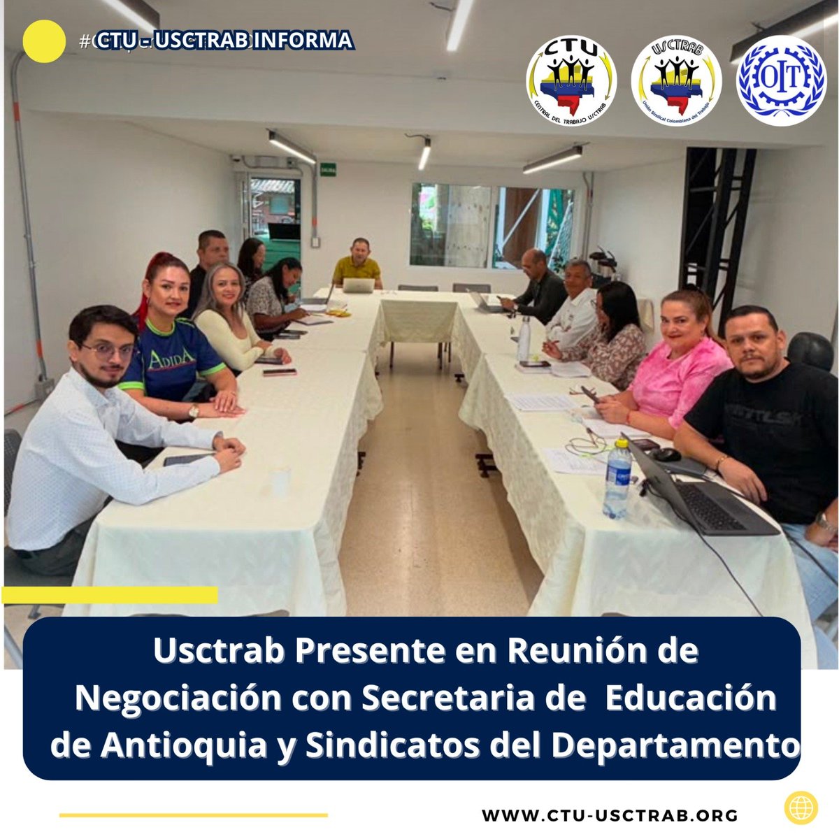 usctrab's tweet photo. USCTRAB Antioquia participa en la reunión de negociación con la Secretaría de Educación de Antioquia y las organizaciones sindicales del departamento, reafirmando su compromiso con la defensa de los derechos del mundo del trabajo. #FedeusctrabAntioquia #Antioquia https://t.co/fuP4N2wPEJ