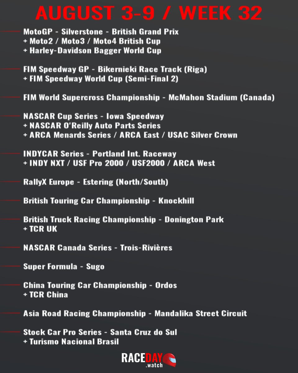 racedaywatch's tweet photo. Weekly Preview in Motorsports - Week 32 on RaceDay!
🇬🇧#MotoGP #BritishGP
🇱🇻#SGP #RigaSGP
🇨🇦#WSX
🇺🇸#NASCAR #ARCA
🇺🇸#INDYCAR
🇩🇪#RallyX
🇬🇧#BTCC
🇬🇧#BARC #BTRC
🇨🇦#NASCARCanada #GP3R
🇯🇵#SFormula
🇨🇳#CTCC #TCRChina
🇮🇩#ARRC
🇧🇷#StockCar https://t.co/IQo6ZKJTpW