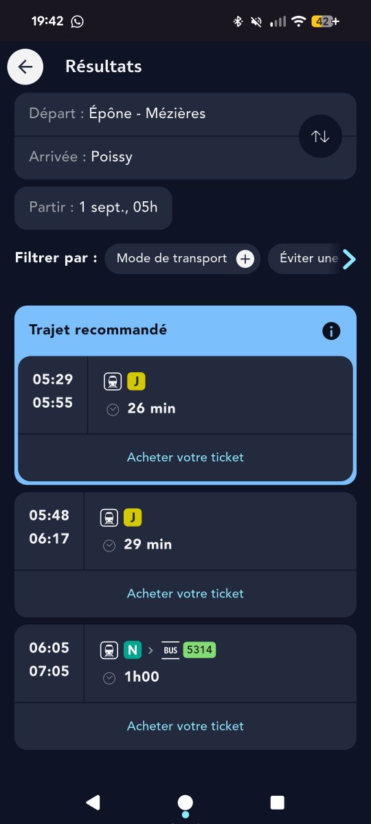 DucrosClea's tweet photo. @LIGNEJ_SNCF Bonjour, je pense que ce sera plus parlant avec des captures. Comme vous pouvez le voir, on ne me propose aucun train entre Épône Mézières et Poissy entre 7h et 9h. Seulement entre 5h et 7h puis a partir de 9h https://t.co/uc7ZXfrD5i