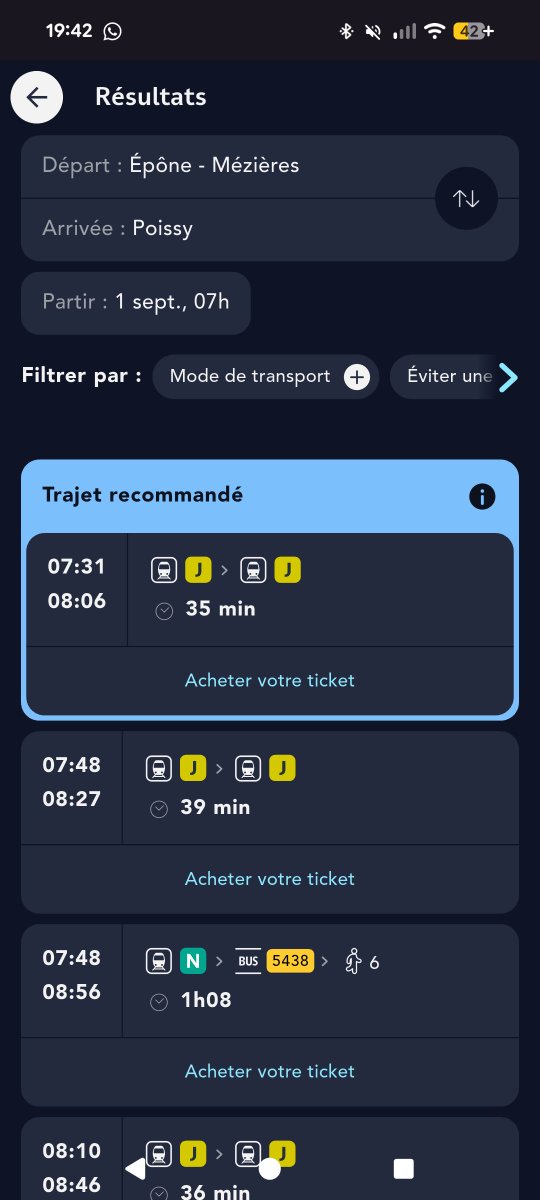 DucrosClea's tweet photo. @LIGNEJ_SNCF Bonjour, je pense que ce sera plus parlant avec des captures. Comme vous pouvez le voir, on ne me propose aucun train entre Épône Mézières et Poissy entre 7h et 9h. Seulement entre 5h et 7h puis a partir de 9h https://t.co/uc7ZXfrD5i