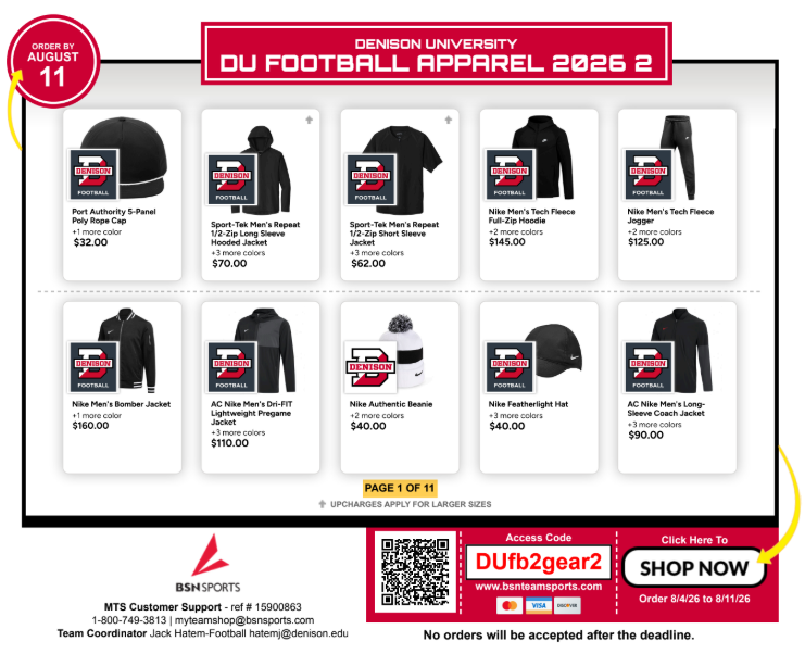 DUFootball's tweet photo. 🏈🔴🏈🔴

Denison Football gear shop open! 

Open 8/4 - 8/11   

Direct Link: https://t.co/NOMV9aZToS  

#RollDenny https://t.co/udRXyAQfuP