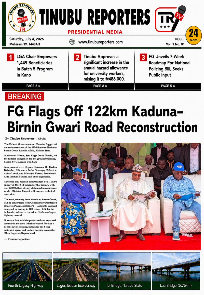 abba182012's tweet photo. BREAKING News 

FG Flags Off 122km Kaduna–Birnin Gwari Road Reconstruction 
 
By Tinubu Reporters | Abuja 

The Federal Government on Tuesday flagged off the reconstruction of the 122-kilometre Kaduna–Birnin Gwari Road in Afaka, Kaduna State.

Minister of Works, Sen. Engr. David Umahi, led the federal delegation for the groundbreaking, hosted by Governor Uba Sani. 

Also present were Deputy Governor Dr. Hadiza Balarabe, Ministers Bello Goronyo, Balarabe Abbas Lawal, and Muttaqha Darma, Presidential Aide Ibrahim Masari, and other dignitaries.

Governor Sani recalled that President Bola Tinubu approved ₦178.12 billion for the project, with over ₦100 billion already disbursed to commence work. 

Minister Umahi will oversee technical execution.

The road, running from Mando to Birnin Gwari, will be constructed with Continuously Reinforced Concrete Pavement (CRCP) — a durable standard designed to last up to 100 years. 

It links the isolated corridor to the wider Kaduna–Lagos highway network.

Governor Sani said the project reflects improved security in the area. 

Markets closed for over a decade are reopening, farmlands are being cultivated again, and work is ongoing on another 36km Bagoma–Gagumi road.

@BarrNweze8610Ti
@realdaveumahi
@atyaks

— Tinubu Reporters
