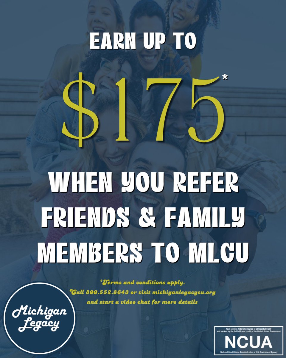 MILegacyCU's tweet photo. Why keep a great experience to yourself? Invite your friends and family to join, and you could earn a cash reward for every qualifying referral! *Terms and conditions apply call or visit our website for more details* #referral #friendsandfamily #creditunion https://t.co/ajwkewzg3q