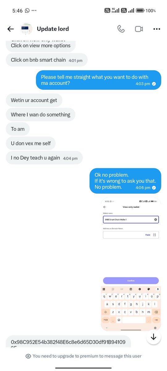 Headward340835's tweet photo. @ChiefOdogwu_ We should always Becareful some idiot scammers are watching us as we all are dropping details. One idot pop into ma DM says i should join BNB gang that I can withdrw today.
he asked if I have trust wallet I said YES
He asked me to add wallet with one BNB chain he gave.he blocked https://t.co/Z20WxGiy9g