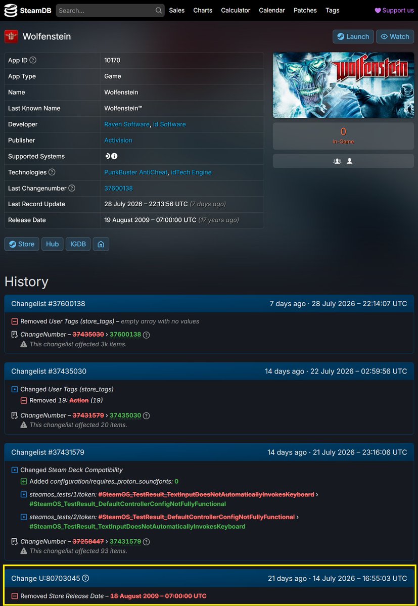 IdleSloth84_'s tweet photo. RUMOR | Wolfenstein 2009 Remaster surprise drop at QuakeCon 2026

It has had its original release date removed and is now being listed as Steam Deck verified.   

*It's currently de-listed on all digital store-fronts.
**Qukecon is happening this week from August 6–9

Source: @AnonimoGames_
https://t.co/t5cTXmPRm9