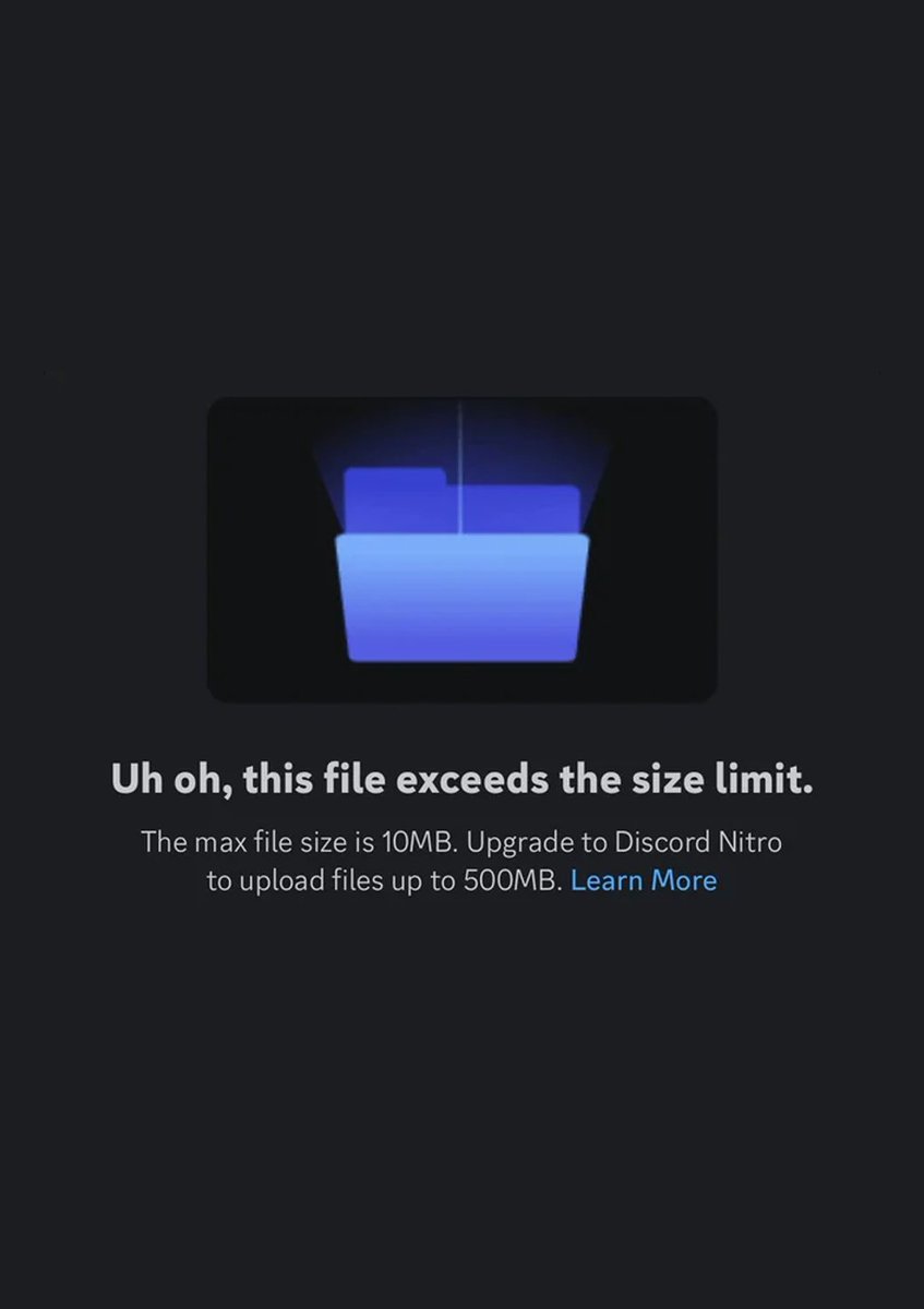 InternetH0F's tweet photo. Discord is reportedly updating their free file upload limit from 10MB to 20 MB

(via: @WumpusCentral) https://t.co/e6ps8z8Ds3