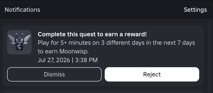 lilygia's tweet photo. How do I claim this item?
I received this Roblox Notif last week. I started to do the quest, clicked 'dismiss' by accident, finished the quest. Now I don't know how to get the notif back and I didn't get the item in my inventory. Idk how to claim the item https://t.co/YtP3FLOruD