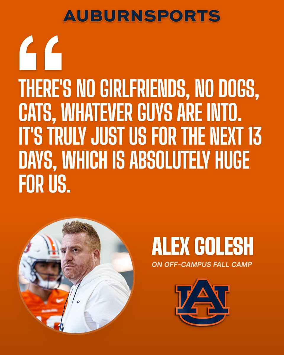 _JHokanson's tweet photo. NEW: Alex Golesh is moving Auburn football off campus for the first 13 days of fall camp to eliminate every possible distraction.

He explains why he thinks it can make a difference.

Story: https://t.co/pfHBKh2cWn

Subscribe! https://t.co/qU30YLzqcK https://t.co/lYmGuo1uCg
