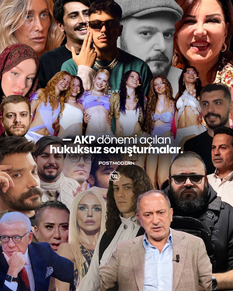 posttmodern's tweet photo. Akp dönemi açılan hukuksuz soruşturmalar ve haksız gözaltılar:

— Bennu Gerede: Portatif Vibratöre Özendirme (TCK 226 müstehcenlik)
— Deniz Göktaş: Stand-Up Gösterisi (Dini Değerleri Aşağılama / Cumhurbaşkanına Hakaret)
— Manifest Grubu: Sahne Dansı (Hayasızca Hareketler / Teşhircilik)
— Oğuzhan Uğur: Sebepsiz
— Boğaç Soydemir: Hadis Üzerine Şaka (Halkı Kin Ve Düşmanlığa Tahrik)
— Enes Akgündüz: Aynı Şakaya Gülme (Halkı Kin Ve Düşmanlığa Tahrik)
— Fatma Soydaş: Yapay zeka ile Kumpas (Müstehcen Yayın, Dini Değerleri Aşağılama)
— Fatih Altaylı: Tarih Bilgisi, Tarihi Bir Konuda Örnek Vermek (Cumhurbaşkanına Hakaret)
— Ahmet Sonuç (Jahrein): Şeyh Said’e Hakaret (Kişinin Hatırasına Hakaret)
— Emrah Gülsunar: Twitter Anketi (Suç İşlemeye Alenen Tahrik)
— Ertuğrul Özkök: Franco Eleştirisi / Benzetmesi (Cumhurbaşkanına Hakaret)
— Gülşen: İmam Hatip Eleştirisi / Esprisi (Halkı Kin Ve Düşmanlığa Tahrik)
— Doruk Dörücü: Kendi Diplomasını Yırtma, Ekrem İmamoğlu’nun Maruz Kaldığı Hukuksuzluğa Karşı Protest Tavır
— Diamond Tema: Dini Bir Bilgiyi Aktarma (Halkı Kin Ve Düşmanlığa Alenen Tahrik Etme, Halkın Bir Kesimini Aşağılama Ve Dini Değerleri Aşağılama)
— Odtü Mezuniyet: “Tayyipler Alemi” Karikatür Pankartı (Cumhurbaşkanına Hakaret)
— Leman Dergisi: Karikatür Paylaşımı, “Dini Değerleri Alenen Aşağılama”
— H.K.: Türbanla Dans Videosu (Müstehcenlik / Dini Değerlere Alenen Hakaret)
— Nasuh Mahruki: 15 Temmuz Eleştirisi (Halkı Kin Ve Düşmanlığa Tahrik)
— Arif Kocabıyık: Sokak Röportajı Yayınlama (Cumhurbaşkanına Hakaret)
— Hasan Köksoy (Kendine Muhabir): Sokak Röportajı Yayınlama (Cumhurbaşkanına Hakaret)
— Murat Övüç: Başörtülü Video, Eşcinsel Olması (Dini Değerleri Aşağılama)
— Samet Alışarlı: Öcalan Pankartı (İfadeye Çağrı)
— Porçay (Ö. A.): Parodi Şarkı (Uyuşturucuya Özendirme)
— Eskişehir’deki Polis: Çözüm Sürecine Tepki (Disiplin / Soruşturma, Görevden Uzaklaştırma)
— Sedef Kabaş: Çerkes Atasözü (Cumhurbaşkanına Hakaret)
— Cem Akarsu: “Zıplamayan Tayyipçi” Sözü
— Burak Saldıroğlu: İmamoğlu Paylaşımlarını Çıktı Alıp Sokağa Asma