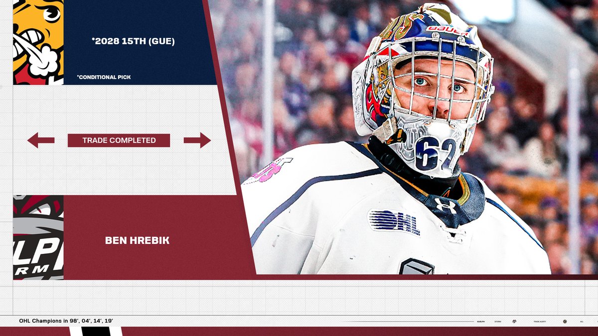 Storm_City's tweet photo. General Manager George Burnett announced today that the Guelph Storm have acquired overage goaltender Ben Hrebik from the Barrie Colts in exchange for a conditional 15th-round pick (GUE) in the 2028 OHL Priority Selection.

More | https://t.co/XRMtmHz01v https://t.co/Pv5EfyftAP