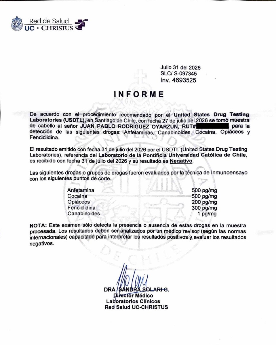jprodriguezoyar's tweet photo. Al examen de pelo negativo de la Universidad Católica, se suma el de la Clínica Indisa y el del Laboratorio Fastest: TODOS NEGATIVOS. https://t.co/pv2CckKuMM
