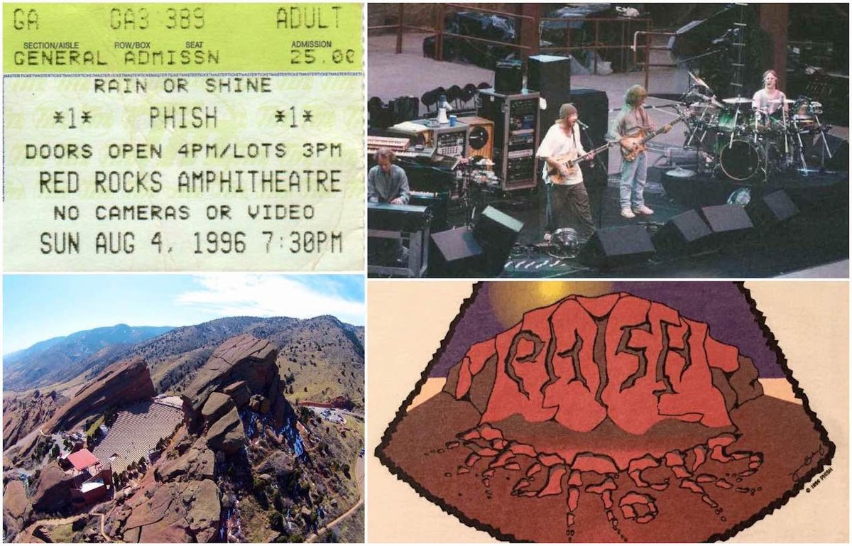 shapsio's tweet photo. 30yrs since #phish’s first 4-night stand 8/4/96-8/7/96 Red Rocks in Morrison, CO - their 6th-9th shows of 13 to-date (’93-2009) @RedRocksCO.  The stars are brighter up there. https://t.co/7h9iZiuB5r