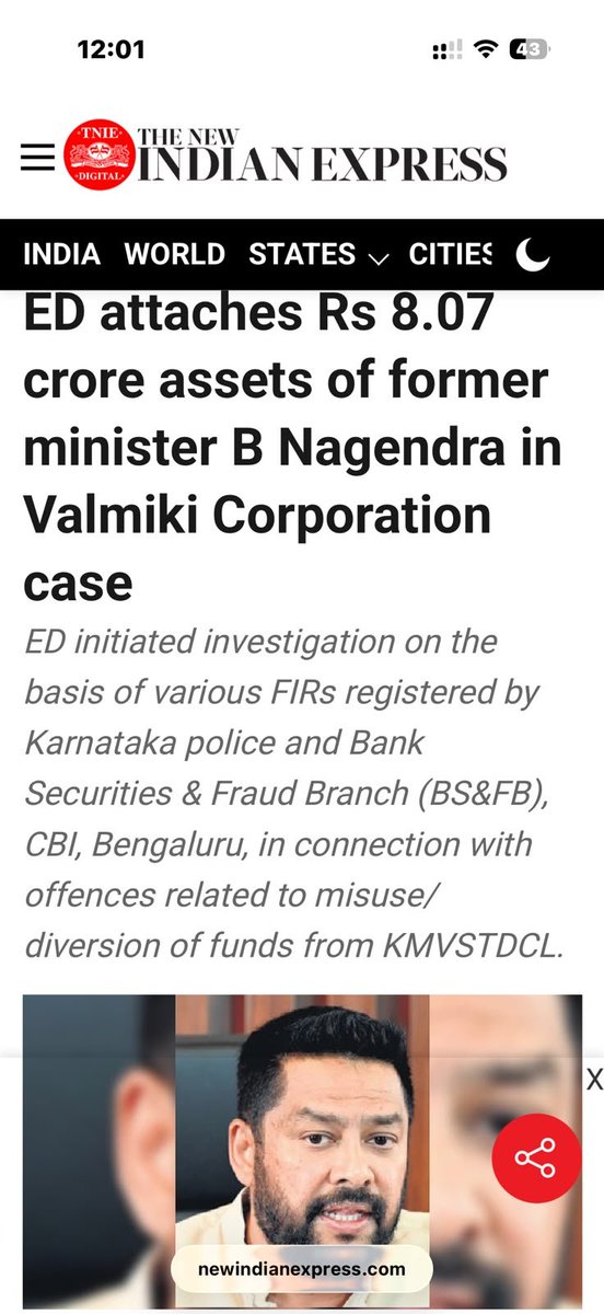 Mrsinha's tweet photo. B. Nagendra was forced to resign as Karnataka’s Tribal Welfare Minister in 2024 after allegations linked him to the ₹89 crore Tribal Corporation scam.

In 2026, he was arrested and chargesheeted in a money laundering case. Now, while out on bail, the Congress govt has brought him back into the Cabinet.

DK Shivakumar and Siddaramaiah call it governance. Rahul Gandhi talks about fighting corruption, but Karnataka Congress has chosen to reward a leader facing serious allegations instead.

For Congress, accountability seems optional, the real qualification seems to be political loyalty, not a clean record.