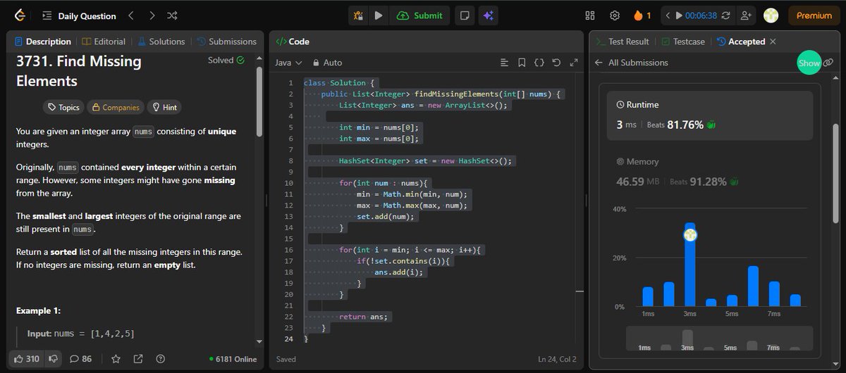HimanshuSi924's tweet photo. Day 98 of #100DaysOfCode 🚀
Solved LeetCode 3731: Find Missing Elements ✅

Used HashSet + traversal to find missing values in the range.

⏱ Time: O(n + range)
💾 Space: O(n)

Stored numbers, scanned range, and found missing values. 🔥
#LeetCode #DSA #Java #HashSet #Algorithms https://t.co/G60PVeupL4