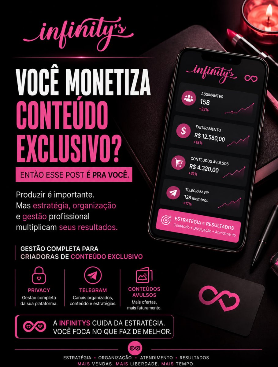 InfinitysFans's tweet photo. Se você monetiza conteúdo exclusivo, sabe que produzir é só uma parte do trabalho. 👀💗
O conteúdo pode estar incrível, mas sem estratégia, organização e atendimento, muitas oportunidades de venda acabam ficando pelo caminho.
É aí que entra a Infinitys Fans. ♾️
Cuidamos dos bastidores da sua operação para você conseguir focar no que faz de melhor: criar.
📲 Gestão da Privacy
✈️ Organização e administração do Telegram
💸 Estratégias para conteúdos avulsos
💬 Atendimento e ações de venda
📈 Campanhas para assinantes e ex-assinantes
Não é sobre produzir cada vez mais.
É sobre aproveitar melhor o conteúdo que você já tem e transformar atenção em faturamento.
Já trabalha com conteúdo exclusivo e sente que poderia estar aproveitando melhor sua audiência?
Chama a Infinitys no direct. 💕♾️

https://t.co/EV0E62xnEX

#InfinitysFans #Privacy #ConteudoExclusivo #CriadorasDeConteudo #TelegramVIP #MarketingParaCriadores