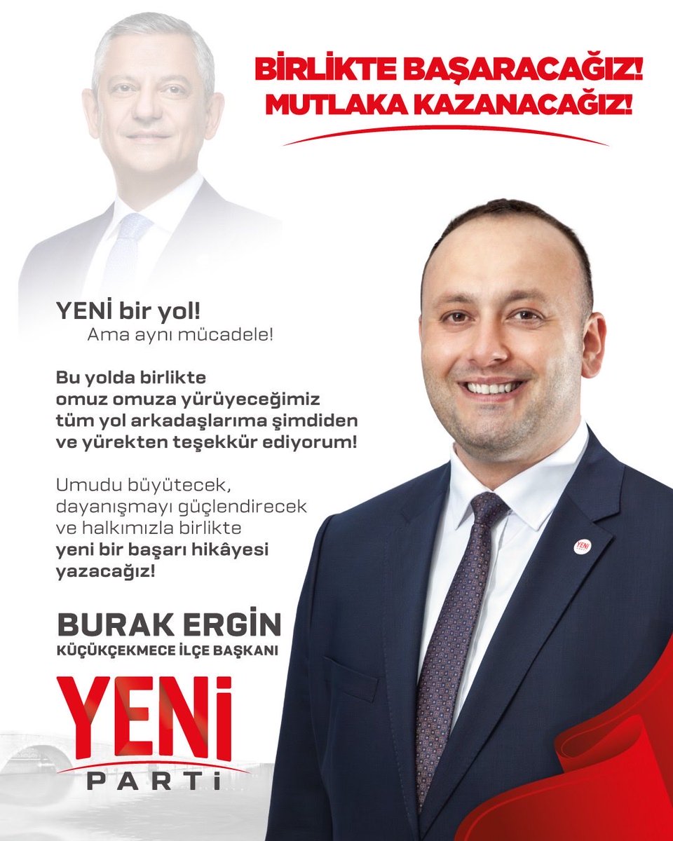 burakerginyeni's tweet photo. YENİ bir yola çıktık… Ama mücadelemiz aynı.

Bugüne kadar birlikte omuz omuza yürüdüğümüz, aynı ideale inandığımız tüm yol arkadaşlarıma gönülden teşekkür ediyorum.

Bu karar; bir vazgeçişin değil, demokrasiye, adalete, halkın iradesine ve ülkemizin geleceğine olan inancımızı daha da büyütme kararlılığının ifadesidir.

Bugün, aynı heyecanla ve aynı sorumluluk duygusuyla yeni bir sayfa açıyoruz. Küçükçekmece’mizde umudu büyütecek, dayanışmayı güçlendirecek ve halkımızla birlikte yeni bir başarı hikâyesi yazacağız.

Bu yolculukta destek veren, güvenen ve bizimle yürüyen herkese yürekten teşekkür ediyorum.

Birlikte başaracağız! Mutlaka kazanacağız!

YENİ bir yol… Ama aynı mücadele.