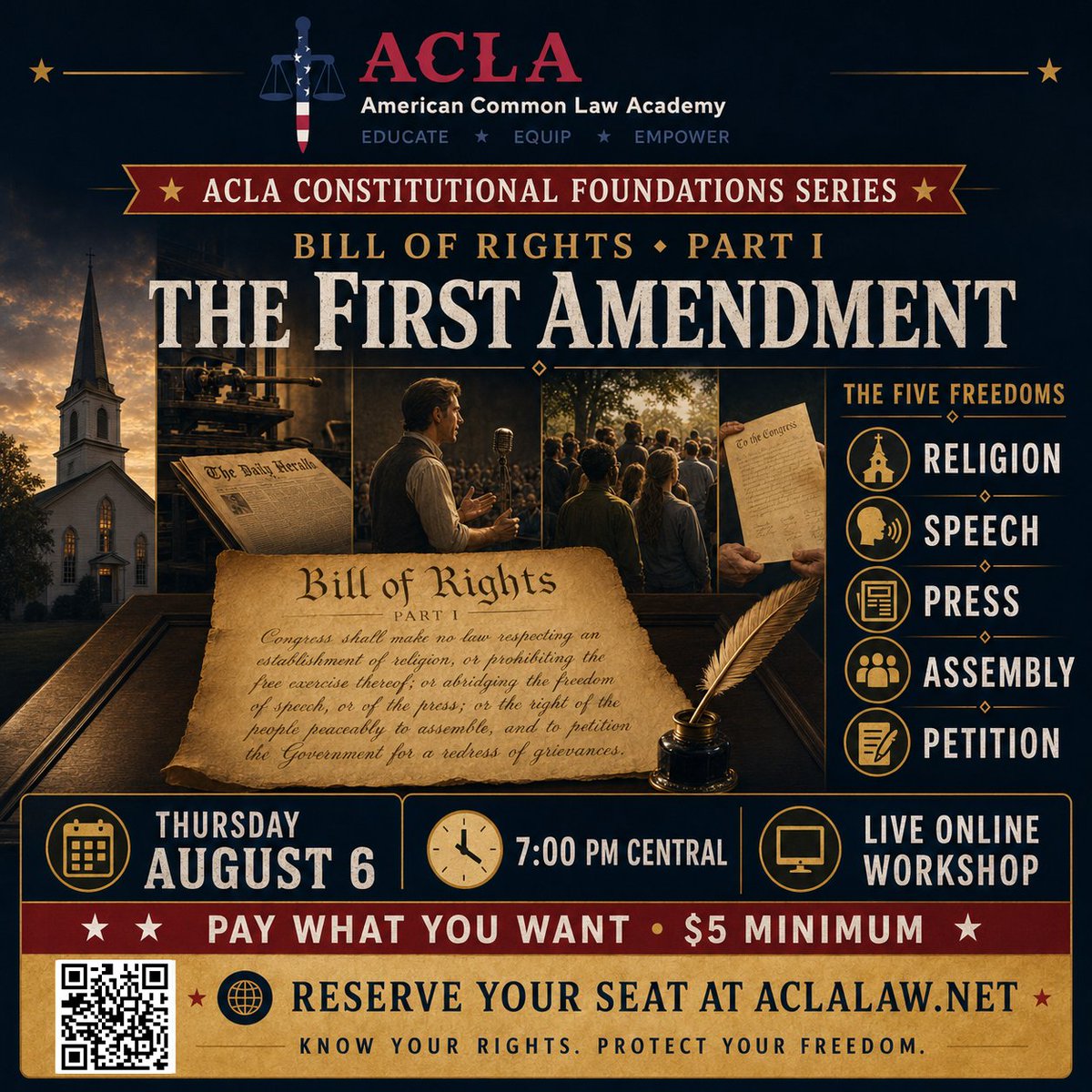 ACLAlaw's tweet photo. Online Zoom workshop: The Bill of Rights Pt 1  The First Amendment. Discover the power and authority of the First Amendment and learn how to stand for the God-given rights every citizen holds.
#FirstAmendment #BillOfRights #KnowYourRights #OnlineWorkshop #CivicEducation #ACLALaw https://t.co/PwNjGcX4Jg