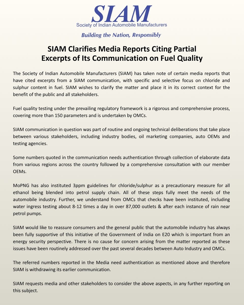 siamindia's tweet photo. Official Statement from SIAM on Its Communication on Fuel Quality https://t.co/QtjSyeFvc5