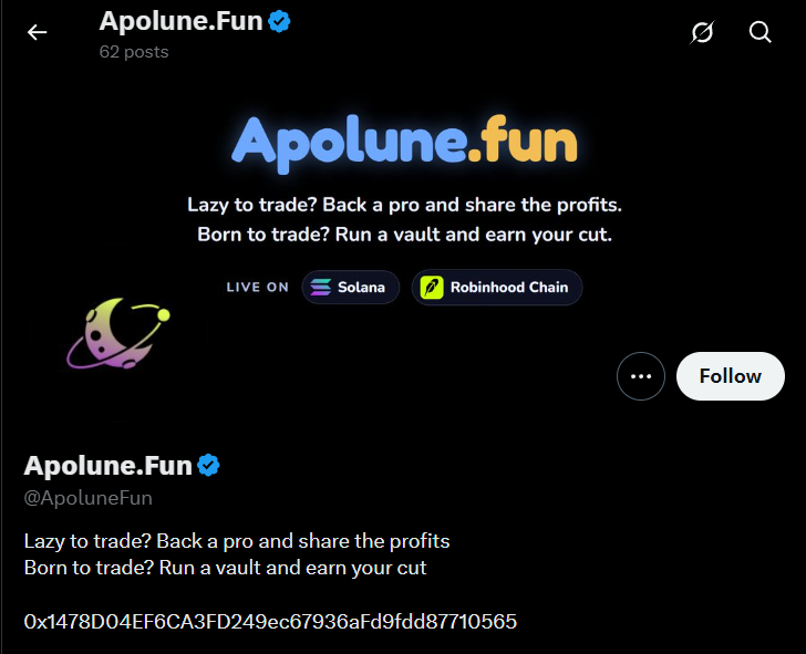 DegenCapitalLLC's tweet photo. I see $PF running on the prop firm narra.

Insane to me that $Apolune is at 15k mcap and PF is at 400k

On Apolune, anyone can open trader vaults for themself. 

And anyone can invest in those vaults to back the trader.

Trader can use those funds to make trades

Dev has been active for 3 weeks too.

You can open vaults on Solana + BNB + Robinhood

0x1478d04ef6ca3fd249ec67936afd9fdd87710565