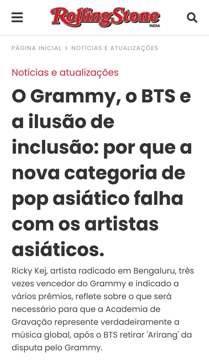 BARMYSTREAM's tweet photo. "Se um artista como o BTS inscreve uma música na categoria de Melhor Performance Pop Asiática, essa mesma música automaticamente se torna inelegível para categorias padrão, neutras em relação ao gênero [...].

Além disso, mesmo que um artista opte por se inscrever em uma categoria pop mais ampla, os Comitês de Gênero da Academia têm a prerrogativa administrativa de realocar a inscrição para a categoria Pop Asiático. Em minha experiência, essas decisões geralmente não são passíveis de recurso.

O resultado não intencional é uma estrutura que corre o risco de segregar estruturalmente os artistas asiáticos. [...] Isso transmite inadvertidamente a mensagem de que a excelência internacional é celebrada principalmente dentro de um nicho específico."

— Rolling Stone India

🔗 https://t.co/RUMCzRPh7W