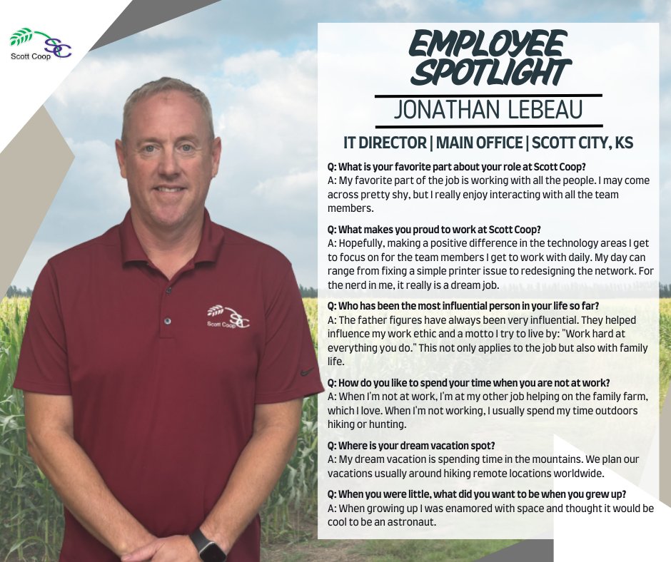 scottcoopassn's tweet photo. August 2026 Employee Spotlight - Please help us welcome Jonathan LeBeau, IT Director, to our Scott Coop family #ScottCoop https://t.co/c2zcQz0VFE