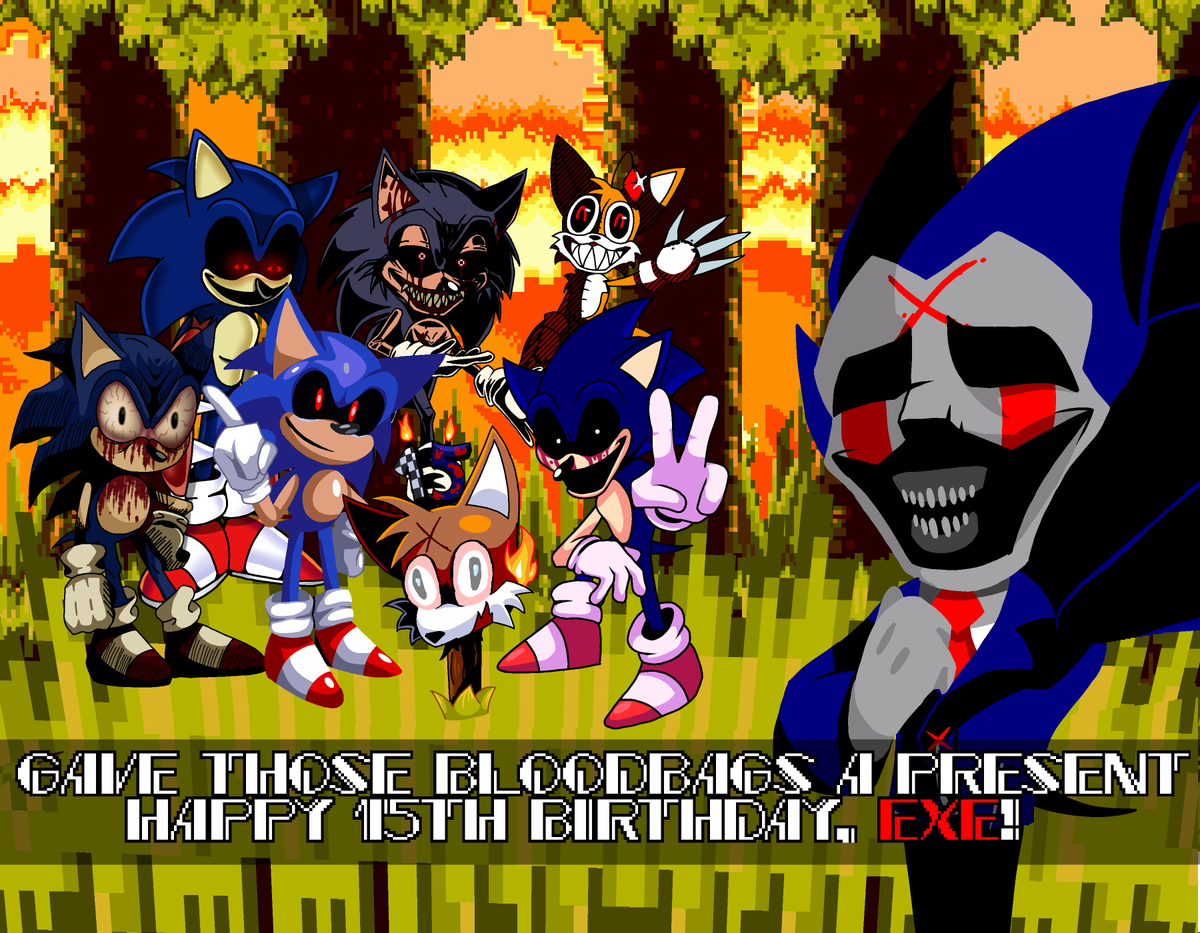 ItsZymex's tweet photo. Seems like Majin found an outfit for the occasion! He even gave them a little Tails head with candles! Like a cake...

Happy 15th Birthday, Sonic.EXE!
#elpendriveazul #BrianGriffinPlush #SonicEXE #kolossos #fnfmods #FunIsInfinite #SonicTheHedgehog https://t.co/3iso05tVk6