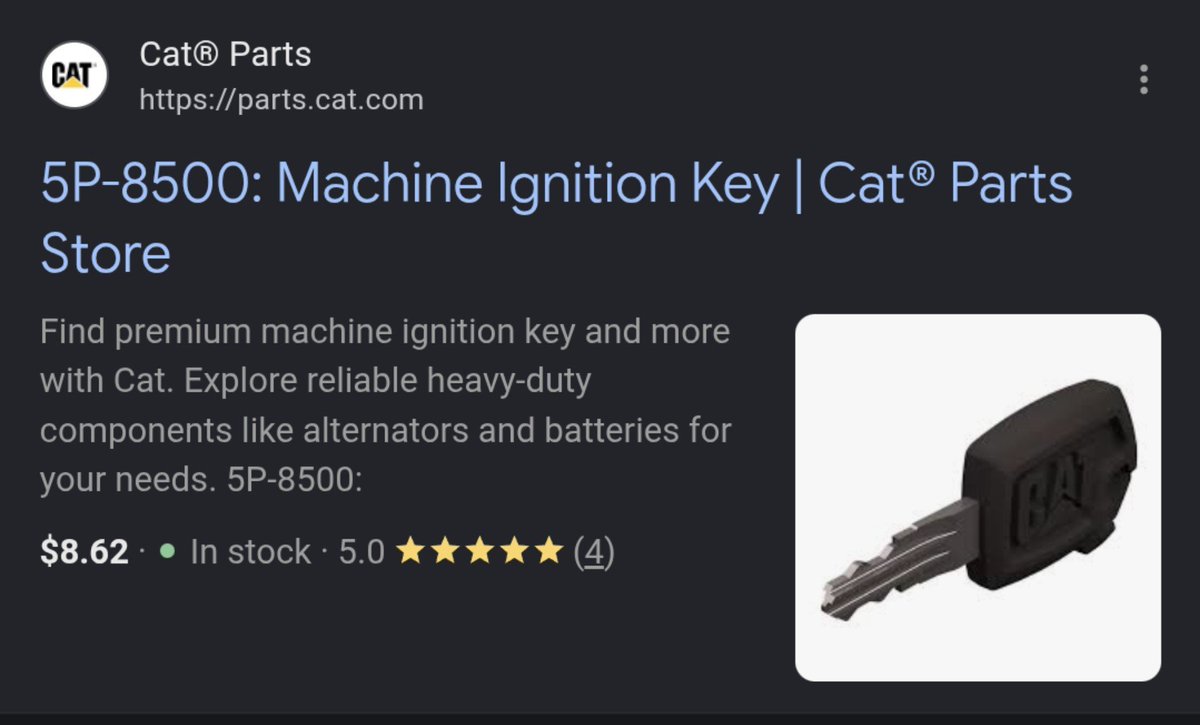 SmalltimeJones's tweet photo. 5p-8500 is the mpn for the cat heavy machinery key. they all use the same key. it can be purchased directly from them for less than $9. all heavy machinery brands use a master key. all can be purchased legally for less than you would think https://t.co/Iie0bNiEpl