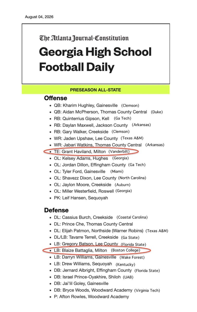 BlaizeBattaglia's tweet photo. Honored to be named PreSeason All-State (Georgia 6A classification) by the Atlanta Journal Constitution
@MiltonEagles_FB @CoachTedRoof @FBCoachOB @ryanrrob @TheTexansCoach @CoachBenReaves @OCCoachJack @CoachCiarletta @CoachWillyMath @SWiltfong_ @I_Am_OD3 @ChadSimmons_ @TomLoy247 @CodyBellaire @ijrosenberg @adamfriedmansX @spotlight39_Pod @Hayesfawcett3 @247Hudson @Rivals @JohnGarcia_Jr @CharlesPower @CraigHaubert @TomLuginbill @AWilliamsUSA @adamgorney @MattSeiler_ @TheUCReport @jeffsentell @CraigSagerJr @Zack_Poff_MP @RivalsHS @Atl_TD_Club @ThomasFreyMP @CraigSagerJr @benjaminwolk @NwGaFootball @NEGARecruits @RecruitGeorgia @GHSFdaily @ksugiuraajc @theucreport @AABonNBC @AndrewNemec  @LemmingReport  @AJCsports @scoreatlanta @BCEagles @AJBlack247 @BCEagleInsider