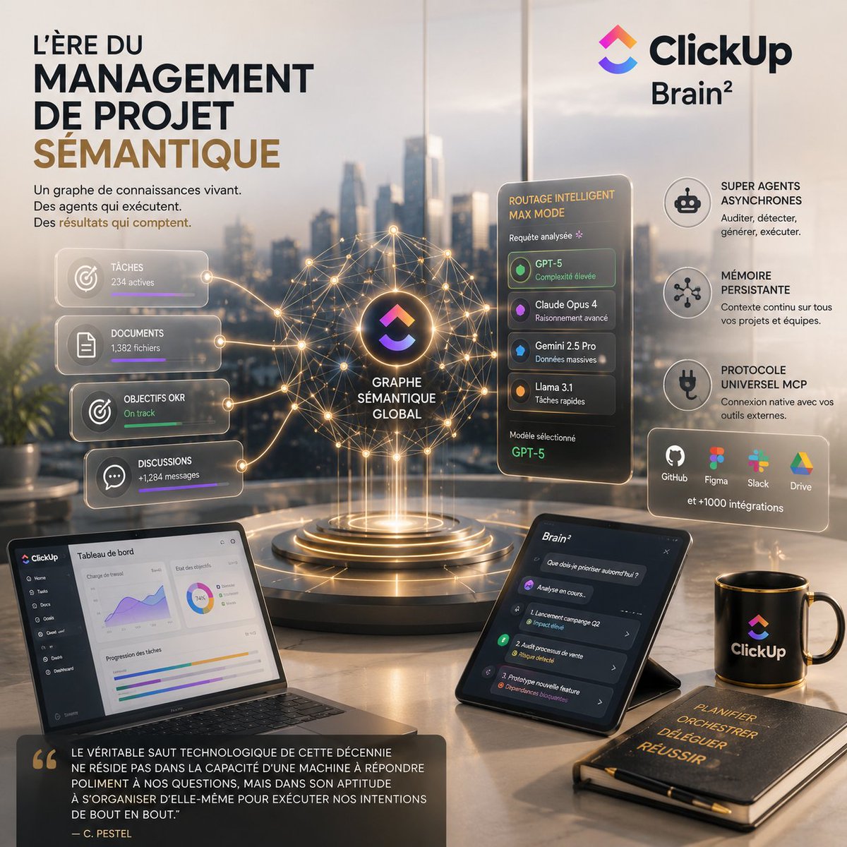 KingLandfr's tweet photo. 🧠 L’ère du management de projet sémantique
Combien payez-vous chaque mois pour des abonnements d’IA isolés qui n’ont aucun accès au contexte réel de vos projets ?
#KingLand #IA #Productivite #SaaS #ClickUp #ManagementDeProjet #Innovation #FuturDuTravail #IAAgentique #Technologie #Collaboration #Workflow
▫️ Fiche Impact : https://t.co/GbySa1r2ox
Parce qu’avec l’avènement de @clickup Brain², un graphe de connaissances vivant vaut mieux qu’une dizaine de chatbots amnésiques.
En 2026, l’illusion des assistants conversationnels volatiles s’effondre. Les entreprises réalisent que multiplier les fenêtres d’IA sans connexion directe avec les tâches quotidiennes génère une dispersion stérile. ClickUp résout cette impasse en injectant une mémoire persistante et des agents autonomes directement là où vivent vos données opérationnelles.
🎯 Graphe sémantique global : Le système connecte en temps réel vos tâches, documents, objectifs OKR et discussions pour éliminer le cloisonnement de l’information.
⚡ Routage intelligent Max Mode : ClickUp arbitre de manière transparente entre les meilleurs modèles du marché, comme GPT-5 ou Claude Opus, selon la complexité de votre requête.
🤖 Super Agents asynchrones : Des agents autonomes travaillent en arrière-plan pour auditer vos processus, détecter les goulots d’atteinte ou générer des livrables complexes.
🔌 Protocole universel MCP : Une ouverture technique majeure qui permet à l’IA de lire et d’agir directement sur vos outils externes comme GitHub ou Figma.
✨ Explorer : https://t.co/ov1Uw2Wh2V
"Le véritable saut technologique de cette décennie ne réside pas dans la capacité d’une machine à répondre poliment à nos questions, mais dans son aptitude à s’organiser d’elle-même pour exécuter nos intentions de bout en bout."
— C. Pestel
Par cette transition vers l’IA agentique, j’entrevois un changement profond de nos habitudes de travail. Au-delà des gains de productivité évidents, cette technologie va agir comme un révélateur impitoyable de notre rigueur organisationnelle. Si nos espaces de travail sont désordonnés, nos agents prendront des décisions basées sur des données obsolètes ou erronées. La valeur d’un collaborateur demain résidera peut-être moins dans sa vitesse d’exécution que dans sa capacité à maintenir une hygiène documentaire parfaite.
📇 Fiche Tool : https://t.co/C7tGFkBXhv
Vos processus internes sont-ils aujourd’hui suffisamment structurés pour être délégués à des agents autonomes ?