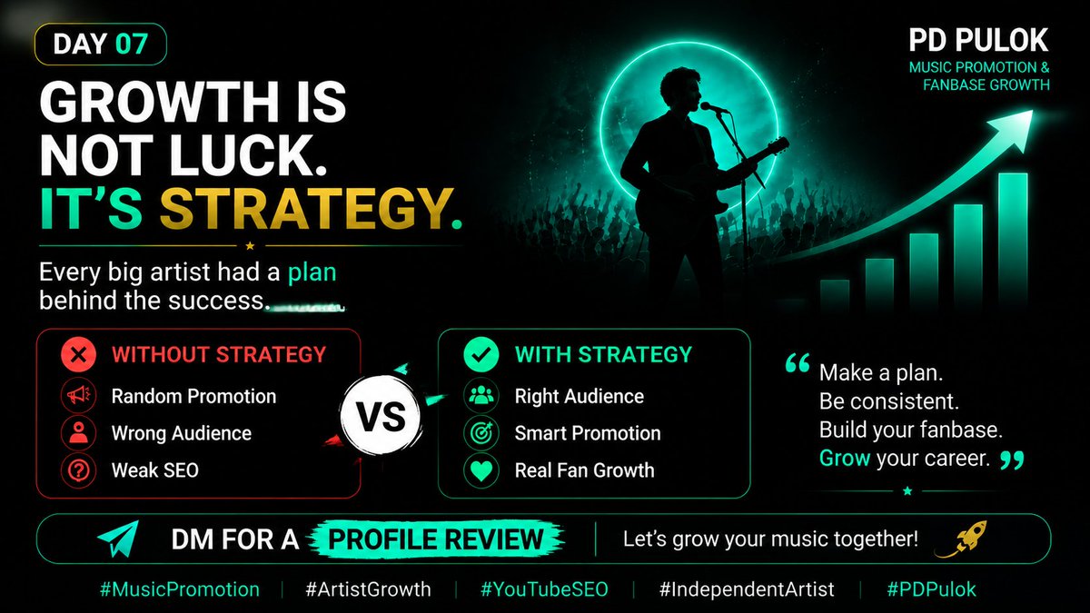 Pdpulokroy's tweet photo. Growth is not luck.
It’s strategy. 🎵

Artists grow faster with:
✅ Right audience
✅ Smart promotion
✅ YouTube SEO
✅ Real fan growthTalent creates music.
Strategy creates careers.
DM for a profile review.

#MusicPromotion #ArtistGrowth #YouTubeSEO #PDPulok https://t.co/t3BSBlleTR