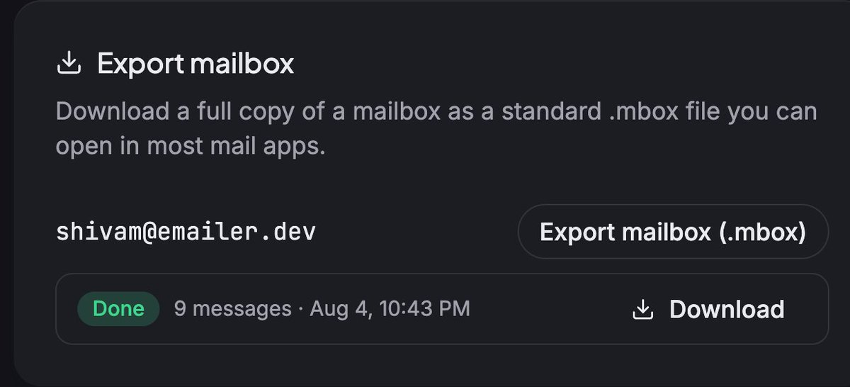 theether0's tweet photo. What's the point of open-source mail if you can't walk away with it?

Doota Mail now support MBOX export. Full mailbox, standard format, one download.

No lock-in. Just an unlocked box. https://t.co/pcZrn4otMP