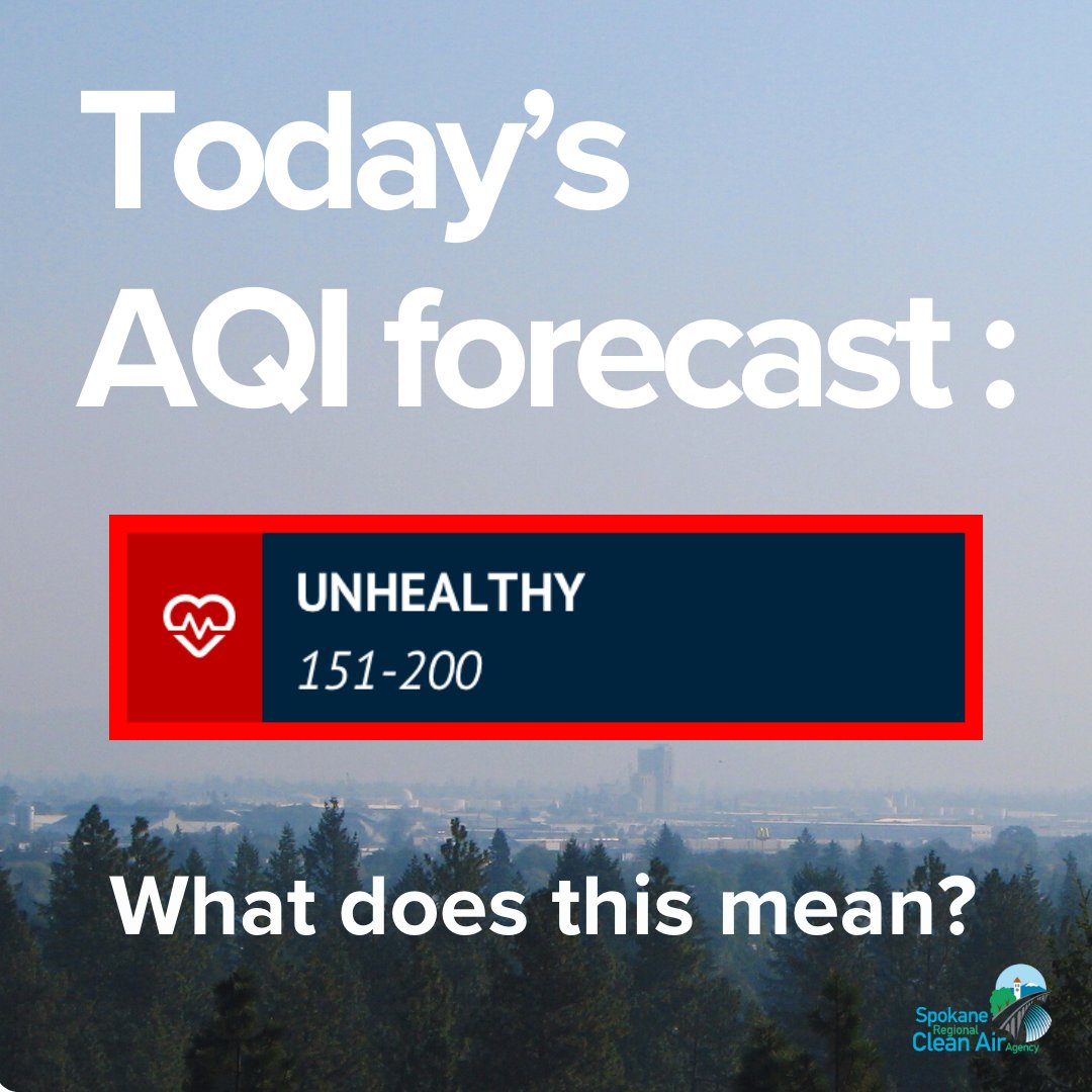 SpokaneCleanAir's tweet photo. Air quality should be AQI-Unhealthy/Red on Tuesday and Wednesday. Smoke from the Spokane Complex Fire and regional fires in central and northeast WA continue to impact air quality. The Air Quality Alert continues until further notice. https://t.co/ty784ByqsN