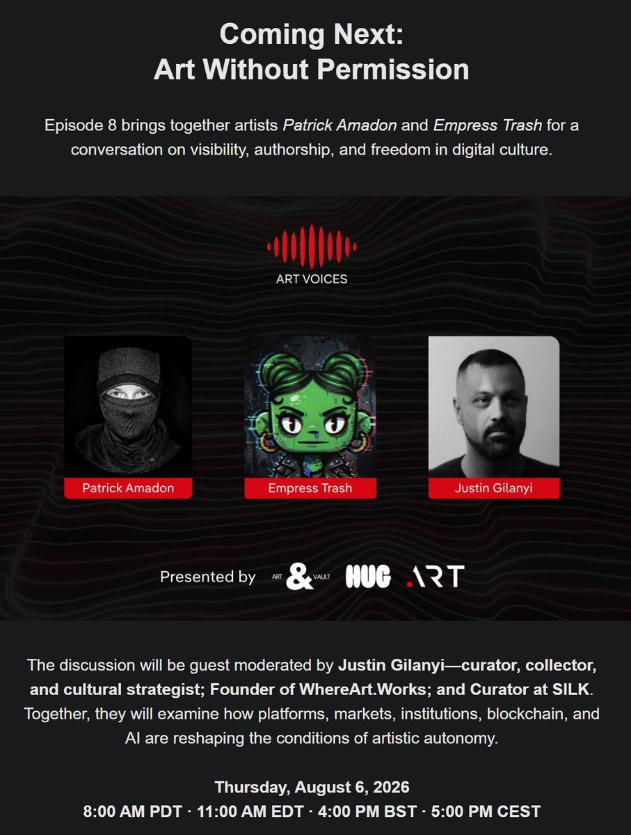 eirrann_art's tweet photo. A chat about permissionless art featuring @EmpressTrash and @amadon and hosted by @FARRAHXYZ should be worth tuning into 👀

Learn more: https://t.co/VHcbmAftne https://t.co/D72oyd1zS2