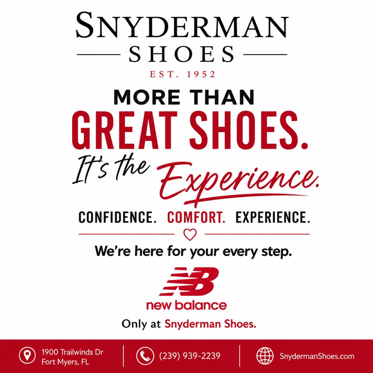 Snyderman_Shoes's tweet photo. More than great New Balance shoes—you'll get a personalized fitting experience. 👟
📍1900 Trailwinds Dr., Fort Myers, FL
📞 (239) 939-2239
#SnydermanShoes #NewBalance #PerfectFit #FortMyers #ShopLocal #FootHealth #ComfortStartsHere https://t.co/ZsN9BfXFTM