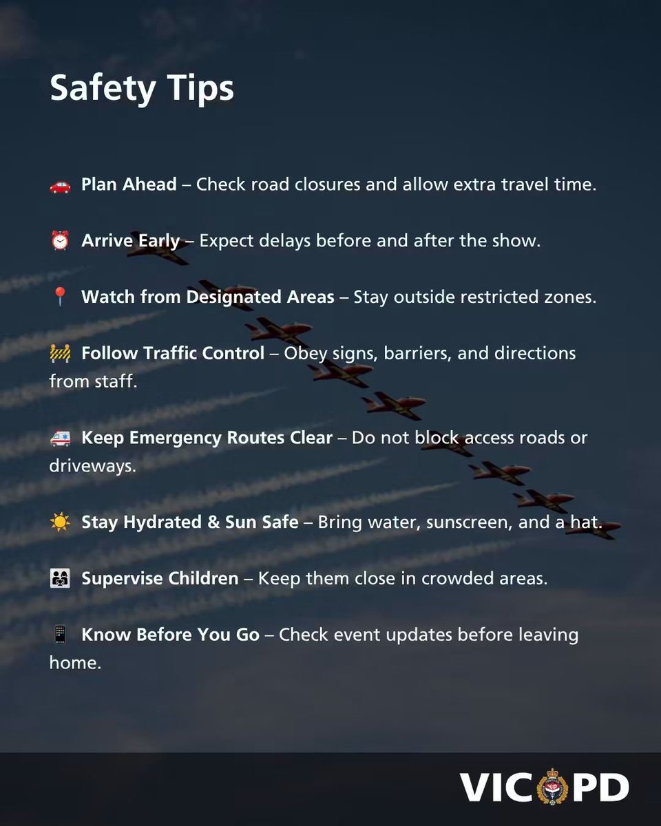 vicpdcanada's tweet photo. The Canadian Forces Snowbirds are taking to the skies today, Victoria!

Thousands of spectators are expected in the area, so please plan ahead and allow extra time when travelling.

The following roads will be closed from 3:00 p.m. until approximately 6:00 p.m., or until it is safe to reopen: 

🔘Dallas Road: Douglas Street to Memorial Crescent 

🔘Cook Street: May Street to Dallas Road 

🔘Douglas Street: Simcoe Street to Dallas Road 

🔘Memorial Crescent: Fairfield Street to Dallas Road 

Please follow posted signage and the directions of officers and traffic-control personnel.

We encourage everyone attending to arrive early, travel safely and be prepared for increased traffic and limited parking.

Enjoy the show!

#snowbirds #yyj