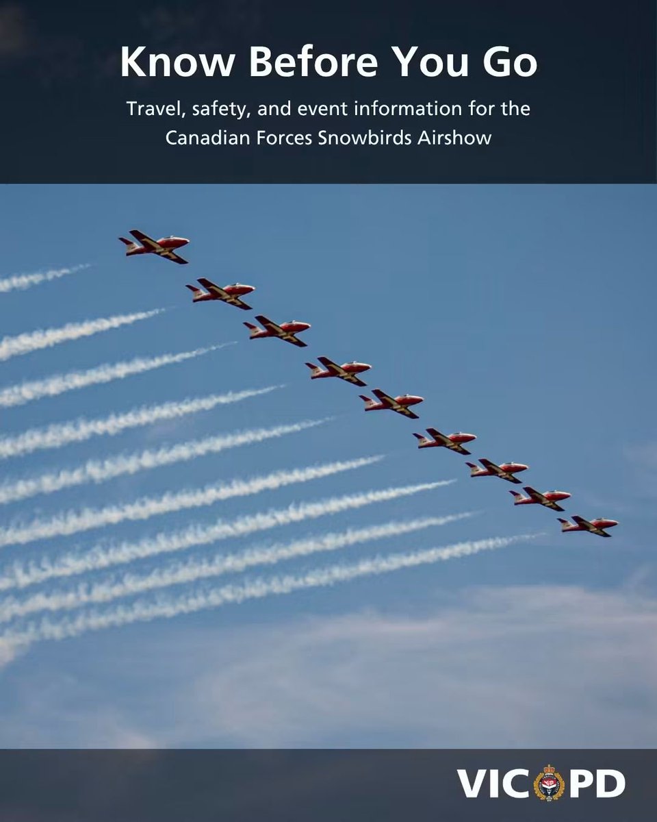 vicpdcanada's tweet photo. The Canadian Forces Snowbirds are taking to the skies today, Victoria!

Thousands of spectators are expected in the area, so please plan ahead and allow extra time when travelling.

The following roads will be closed from 3:00 p.m. until approximately 6:00 p.m., or until it is safe to reopen: 

🔘Dallas Road: Douglas Street to Memorial Crescent 

🔘Cook Street: May Street to Dallas Road 

🔘Douglas Street: Simcoe Street to Dallas Road 

🔘Memorial Crescent: Fairfield Street to Dallas Road 

Please follow posted signage and the directions of officers and traffic-control personnel.

We encourage everyone attending to arrive early, travel safely and be prepared for increased traffic and limited parking.

Enjoy the show!

#snowbirds #yyj