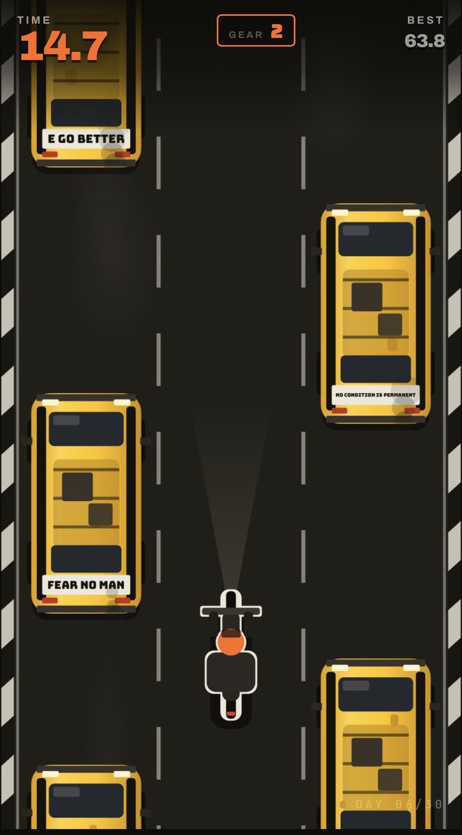 mitchell_devv's tweet photo. Day 6/30: Danfo Run.
You're on an okada in Lagos traffic, and it keeps getting faster. Dodge danfos across 3 lanes, survive as long as you can.
Try it yourselves and quote your scores please 🙏🏾 : https://t.co/7wlOYofNnq https://t.co/Y7loVR5PTf