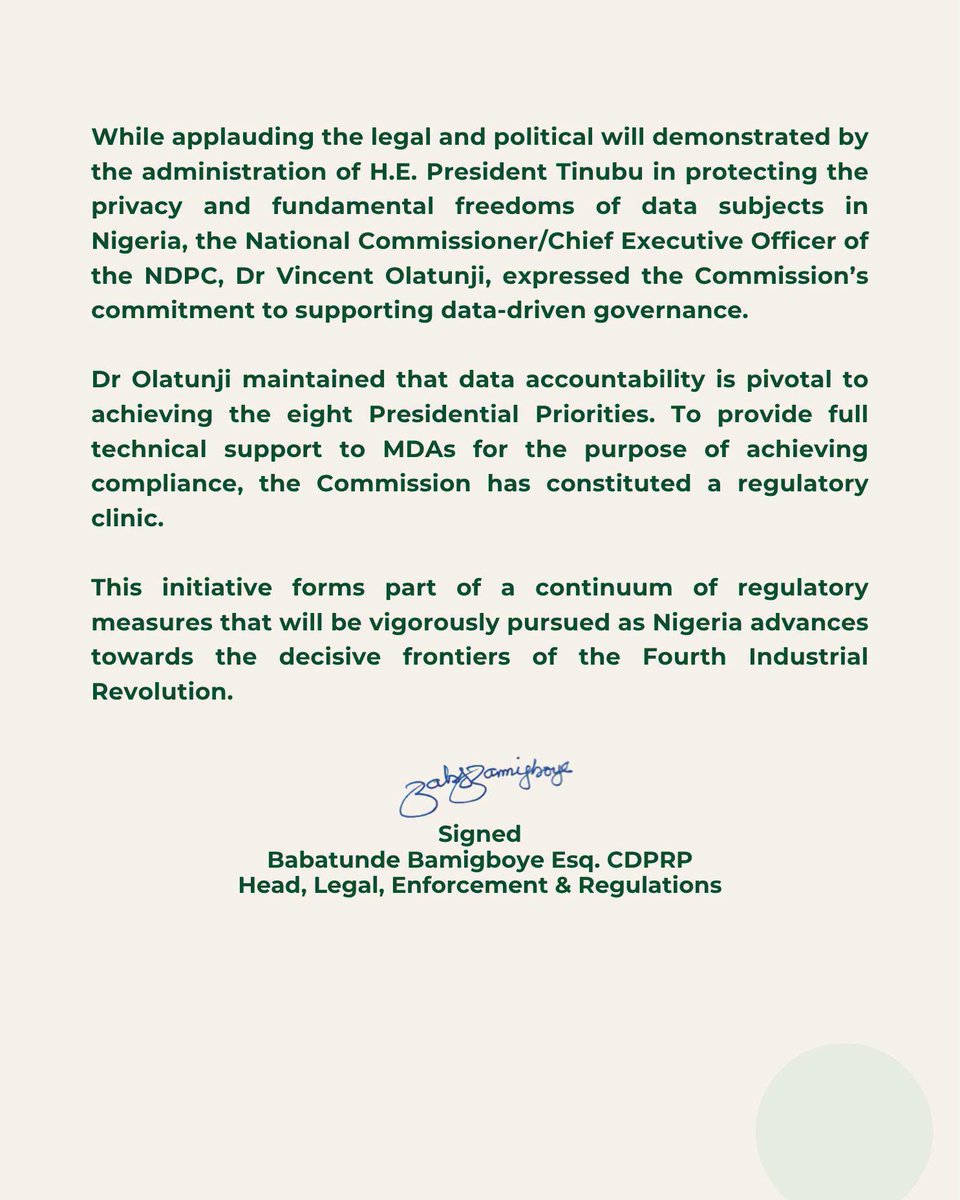 ndpcngr's tweet photo. FG Issues Compliance Circular to MDAs on Data Protection and Responsible Data Governance https://t.co/0CaYnudXWp