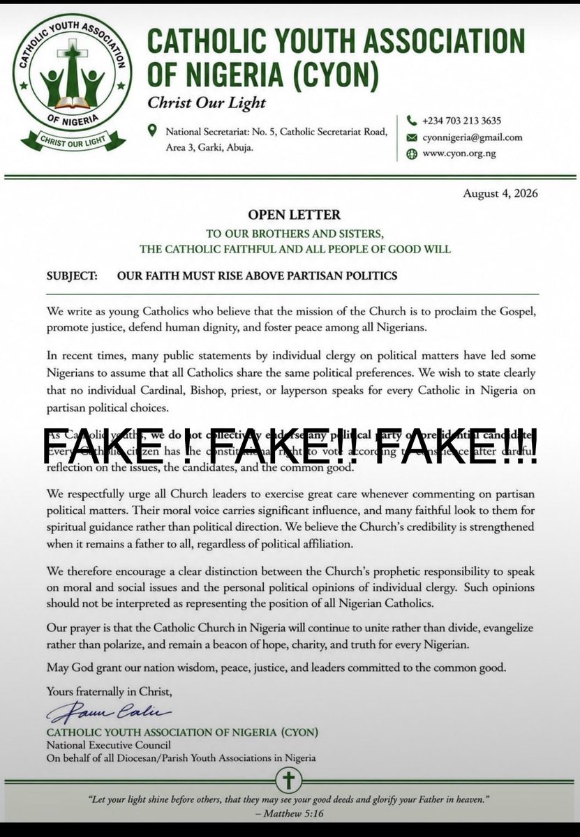 hygico's tweet photo. @SAsekome @WOkene @OgbeniAdugbo @ebenezerbablola @confindence24 @BankyGbola9240 @oMoTonsore @zyainy @jayteeofnaija This letter is Fake, and it’s not coming from the church. Please disregard 🙏 https://t.co/g8NWpAG06b