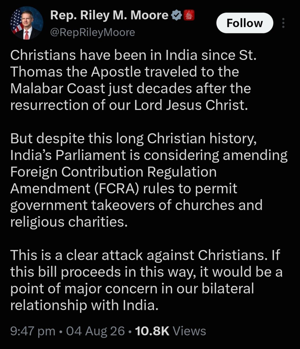 sidhant's tweet photo. Just in: US Congressman Riley Moore criticizes proposed Indian FCRA amendments

Terming it as “a clear attack against Christians”, says, it could be “a point of major concern” in US-India relations. https://t.co/9T3E3OFhOZ