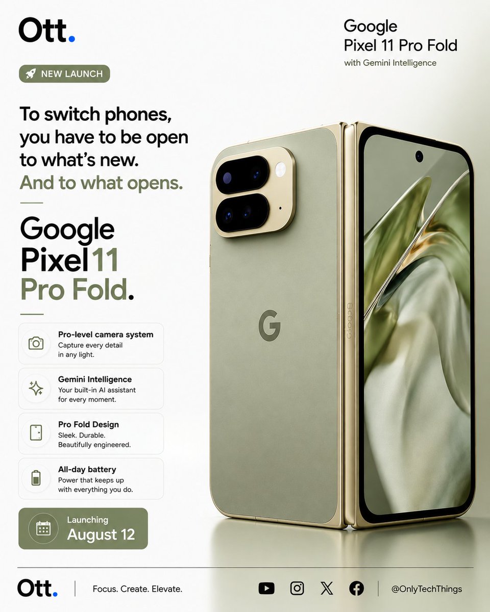 OnlyTechThings's tweet photo. 📱 Google Pixel 11 Pro Fold is coming soon.

Unfold a bigger, smarter experience with Google's most advanced foldable yet.

Follow Ott. for the latest tech news.

#GooglePixel #Pixel11ProFold #MadeByGoogle #Android #Foldable #TechNews #Google #Ott #OttTech #OnlyTechThings https://t.co/0B3LeZgewe