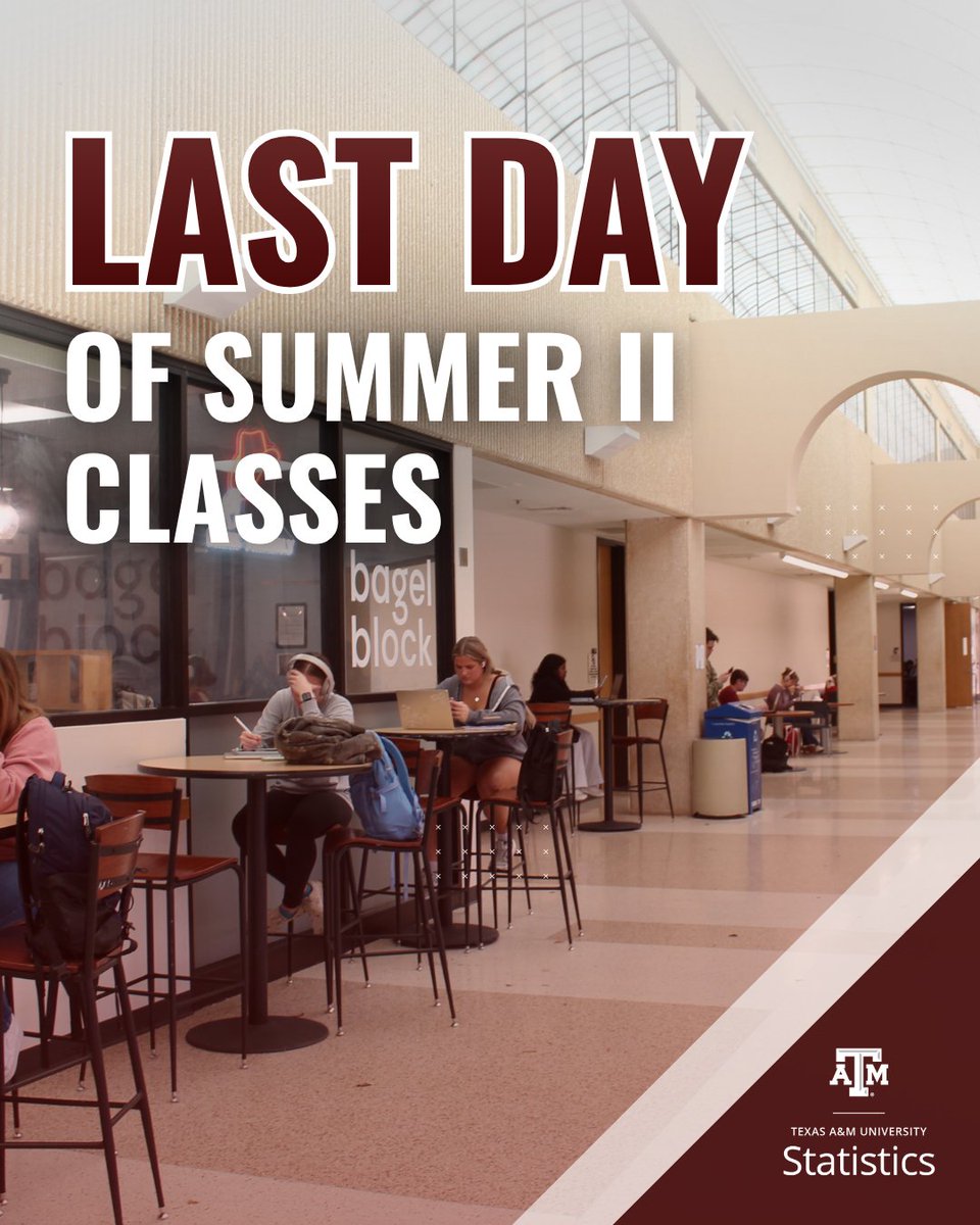 TAMUstats's tweet photo. That’s a wrap on Summer II! 🎉
Congratulations on making it to the last day of classes, statisticians. We hope you finish the session strong and take a well-earned break before the fall semester begins! 👍📚
#TAMU #GigEm #Aggies https://t.co/iVdYbrblkn