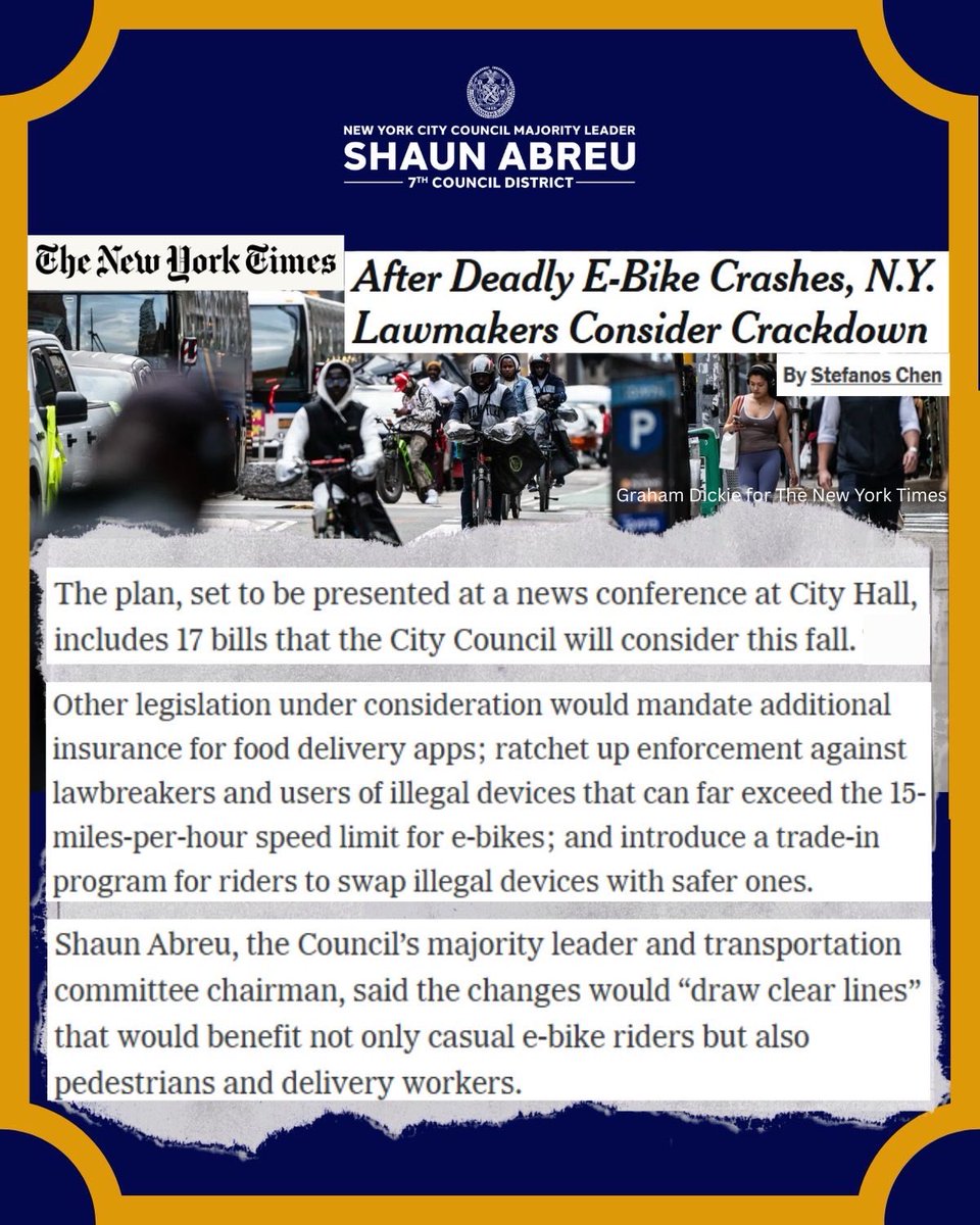 CMShaunAbreu's tweet photo. Every New Yorker deserves to cross the street without fear, every rider deserves to know the device they purchase is safe, and every deliverista deserves to make a living without being pushed to ride dangerously. 

This legislation will make micromobility safer for everyone. https://t.co/5ThtBFp1vi