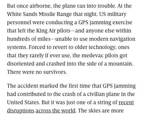 TheGreeneBJ's tweet photo. Holy shit...  Wired reports that back in May, the U.S. Military was testing an experimental GPS jammer and and caused a civilian plane to crash into the side of a mountain, killing everyone on board. https://t.co/zp4bJesp9Y