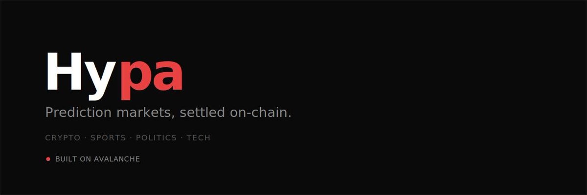 HypaMarket's tweet photo. Say hello to Hypa.

Prediction markets, but on  @avax . No middlemen. No custody. No "trust us bro." Just pure onchain markets where your bets settle in seconds and your wins hit your wallet instantly.
Crypto prices,Sports outcomes, Politics,Tech drama. 
@avax @AvaxTeam1 #Web3 https://t.co/I84ON3eX7d