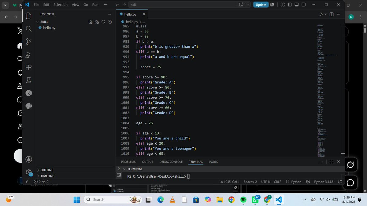 yobechukwu's tweet photo. elif lets you check more conditions after an if, one after another until one matches, while else is the catch-all that runs if none of them were true. Once one condition matches, Python skips the rest and moves on. https://t.co/8ICDnuHiC9
