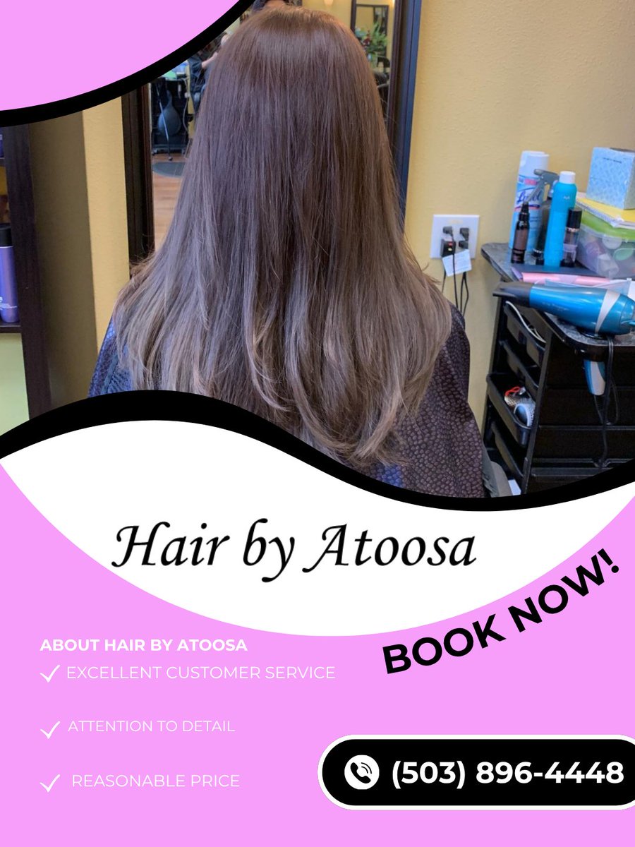 AtoosaBy's tweet photo. Nothing feels better than leaving a trusted hair salon feeling confident and refreshed. I am passionate about helping clients look their best. Visit my salon to get the transformation you deserve! #HairSalon #BeautyTime #LoveYourLook
https://t.co/uUWwidhr7n https://t.co/hQbg3yOlyB