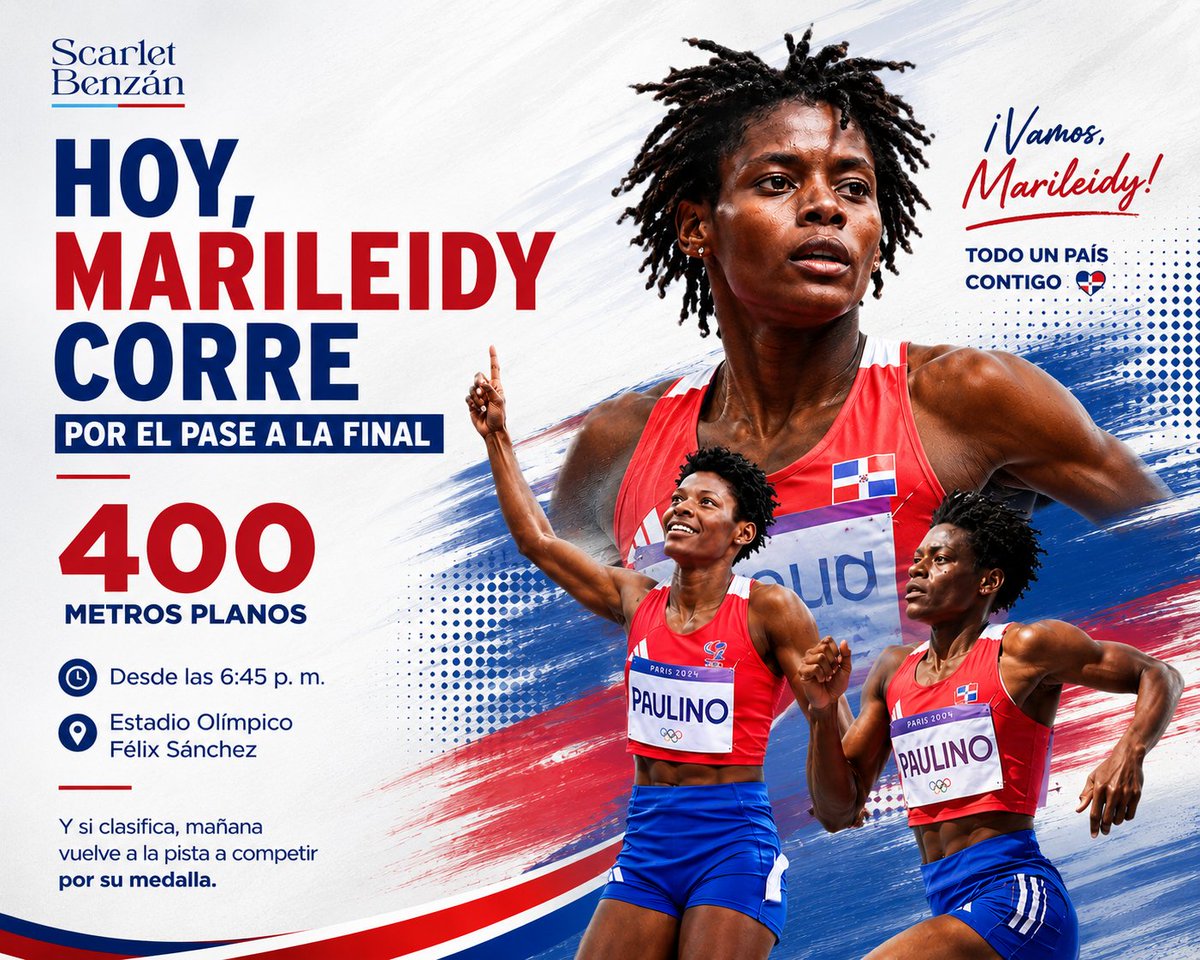 scarletbenzan's tweet photo. 🇩🇴 Hoy no corre sola. Corre con el corazón de millones de dominicanos que creen en su talento, su disciplina y su grandeza.

Marileidy vuelve a la pista para luchar por un lugar en la gran final de los 400 metros, llevando nuestra bandera en cada zancada.

Que se sienta el apoyo de todo un país. ¡Vamos, campeona! Estamos contigo hasta la meta. 💙❤️🤍